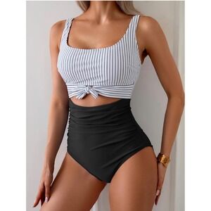 Striped One‎ Piece Swimsuit Knot Front Tummy Control Black White Cute Style